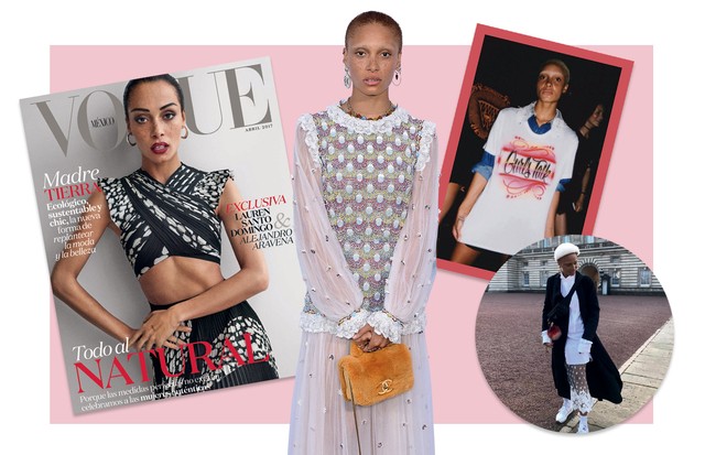 À esquerda, Adwoa na capa da Vogue México de abril e, ao lado, vestindo Chanel. À direita, em foto no Palácio de Buckingham, onde esteve a convite da instituição Heads Together (Foto: Divulgação)